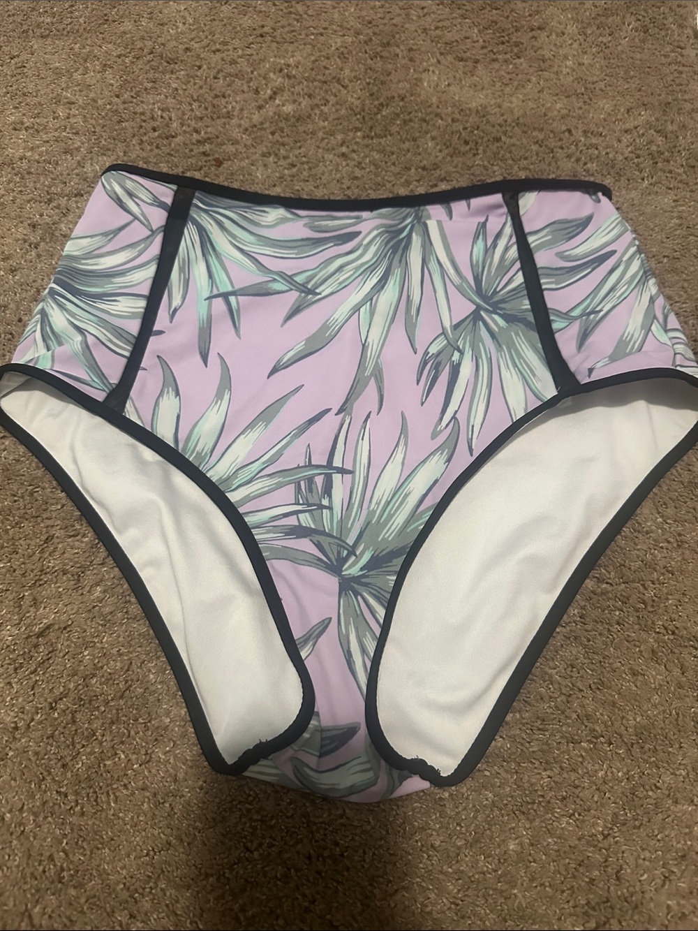 High-Waist Girls Swim Bottoms in Lavender Palm Print - Unbranded